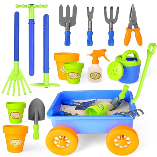 Kids Garden Wagon & Wheelbarrow Play Set with Tools and Plant Pots