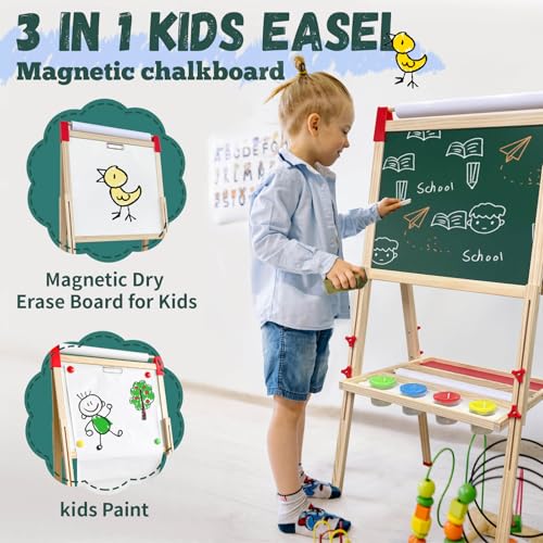 Kids' Wooden Art Easel with Magnetic Board & Chalkboard Accessories