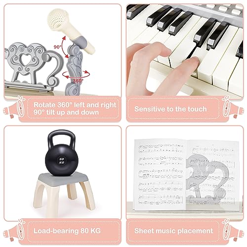 White Girls' Musical Piano Keyboard Toy with Microphone & Stool, 25 Keys, 22 Songs