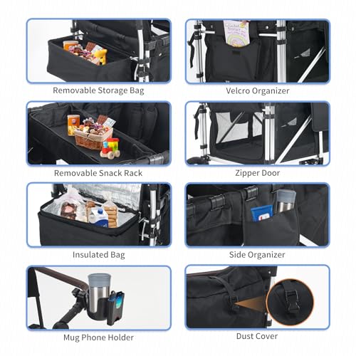 Black Double Seat Stroller Wagon with Canopy, Foldable for Garden, Camping and Grocery